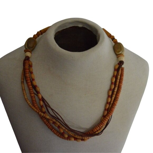Boho Chunky Beaded Multistrand Wood Necklace Manitee Length - Picture 6 of 8